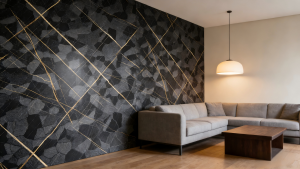 Abstract Black & Gold Marble Wall Panel – 2400x1000x10mm